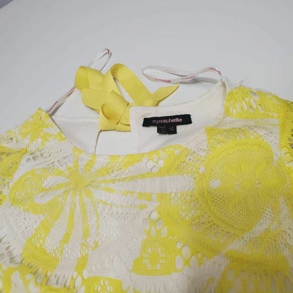 My Michelle Girls A-Line Yellow Butterfly Crochet Lace Keyhole Back Tie Fringe14 - Picture 4 of 12